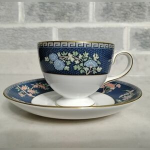 Wedgwood Blue Siam Leigh Shape Footed Teacup and Saucer Set England Bone China